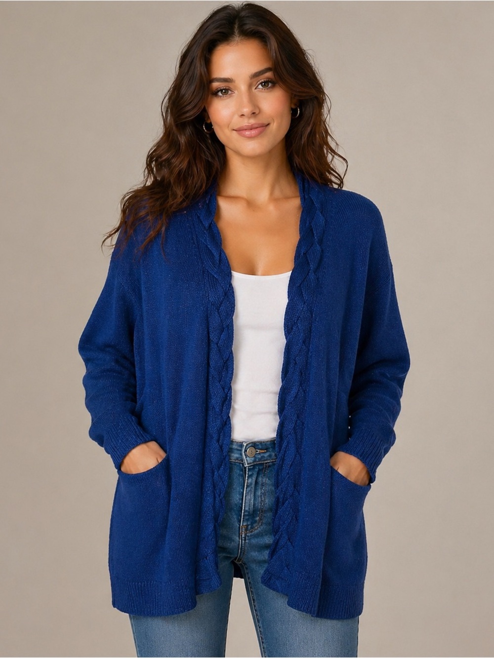 Grace Karin blue knit open front cardigan Medium office wear classic